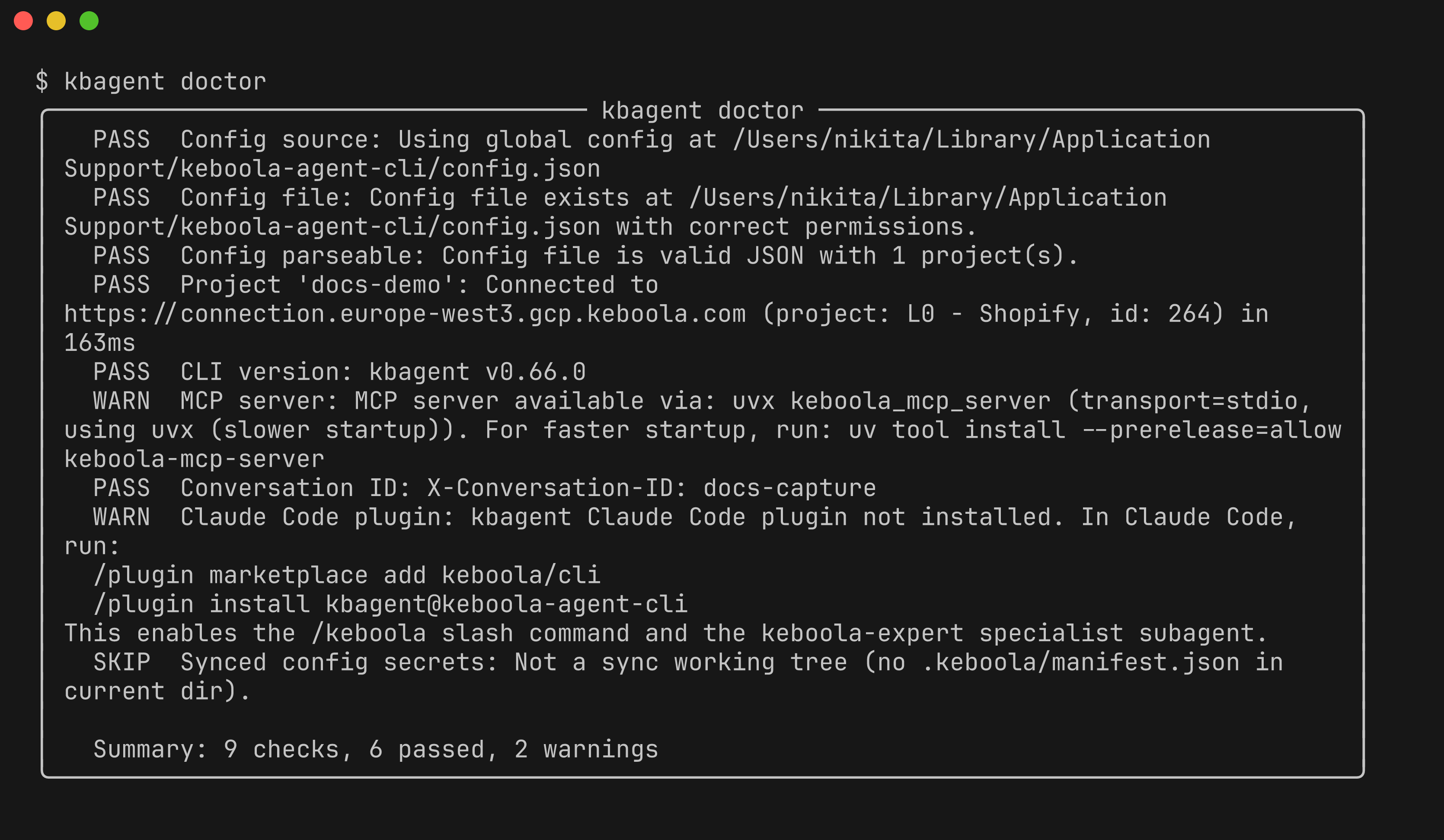 kbagent doctor output: config found, project 'docs-demo' connected to the stack (L0 - Shopify, id 264), CLI version PASS, and warnings for the MCP server and Claude Code plugin
