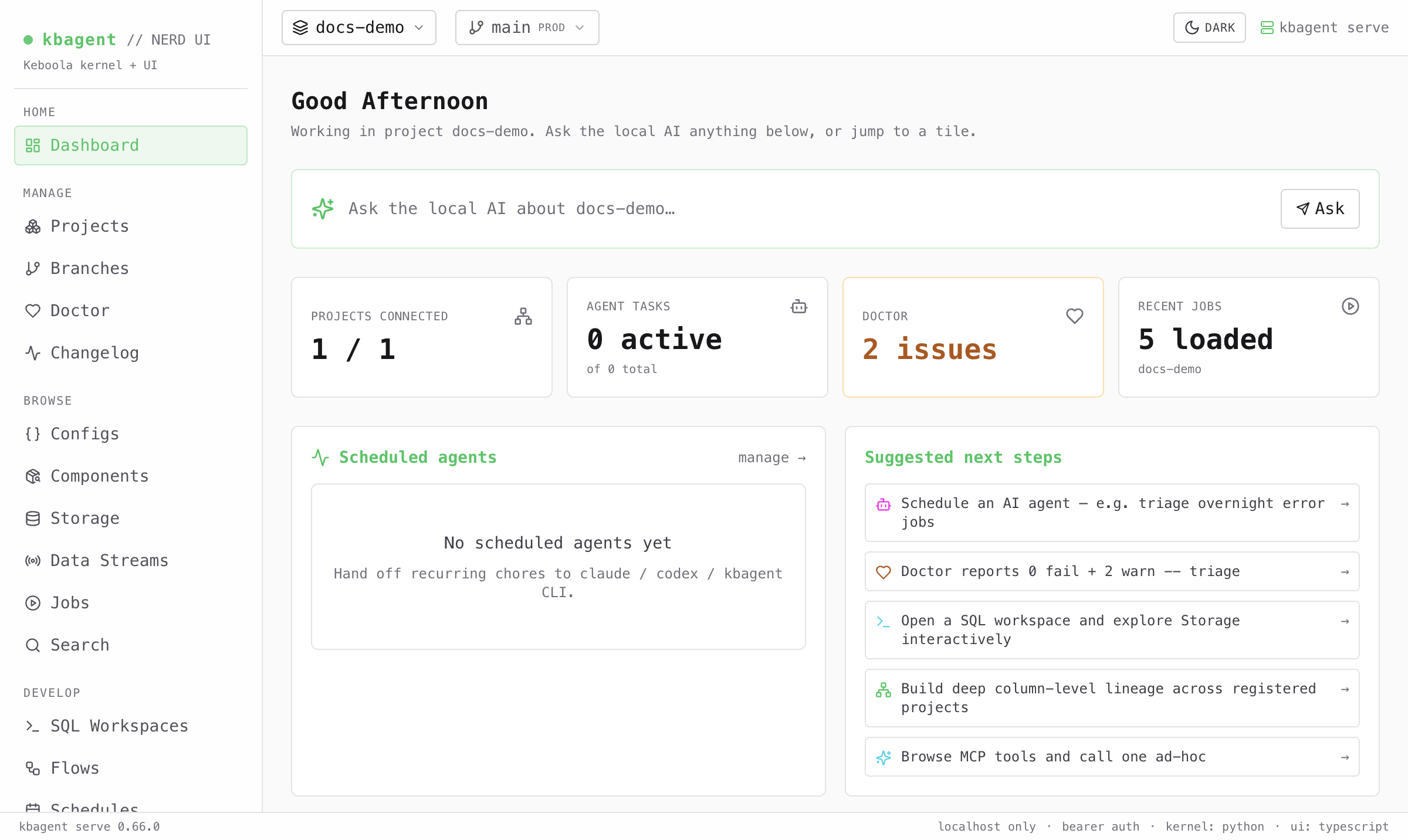 The kbagent Web UI dashboard for project docs-demo: summary tiles (projects connected, agent tasks, Doctor issues, recent jobs), an ask-the-AI box, scheduled agents, and suggested next steps, with the full left navigation
