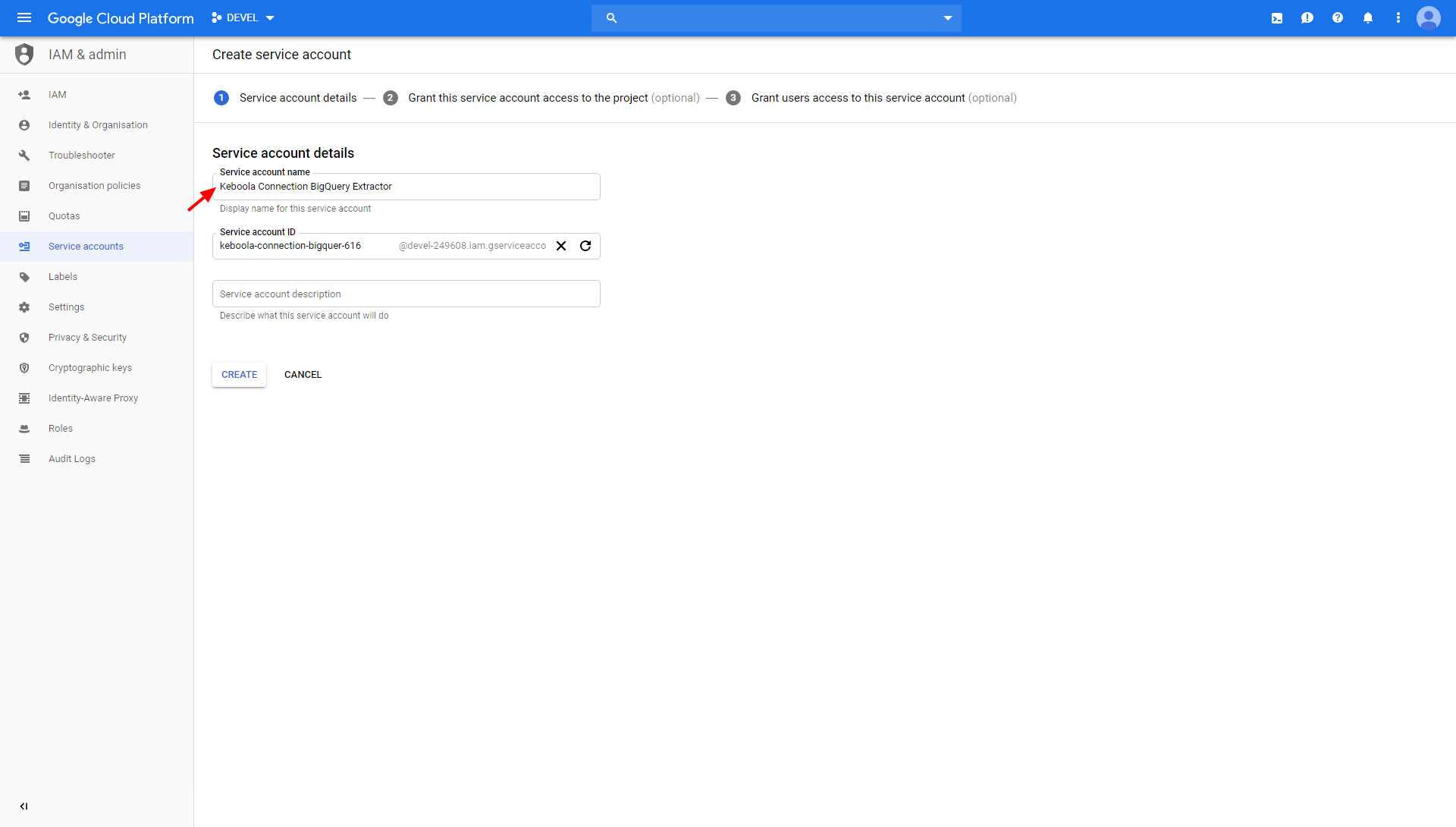 Screenshot - Create service account
