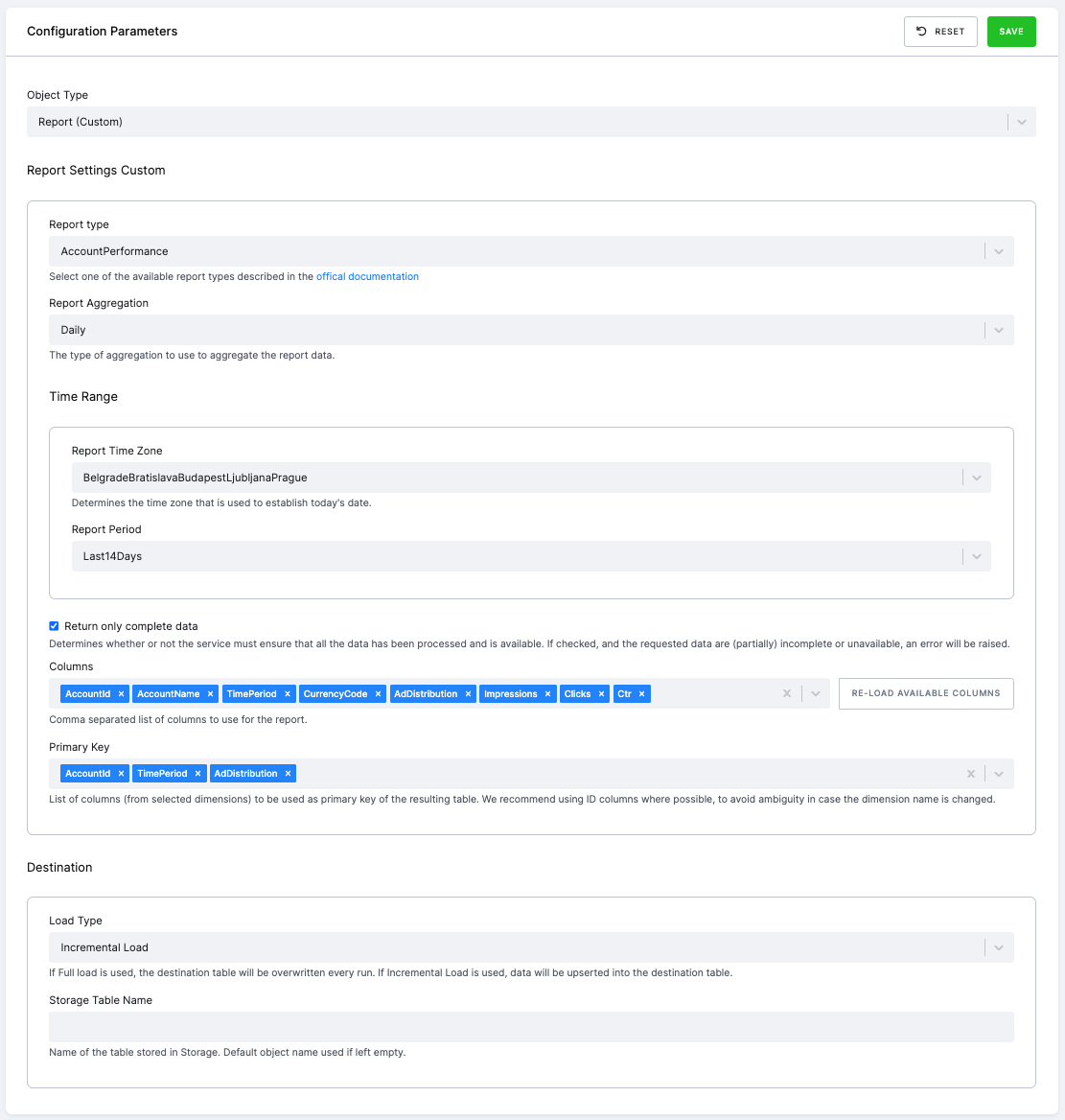Custom reports configuration entry