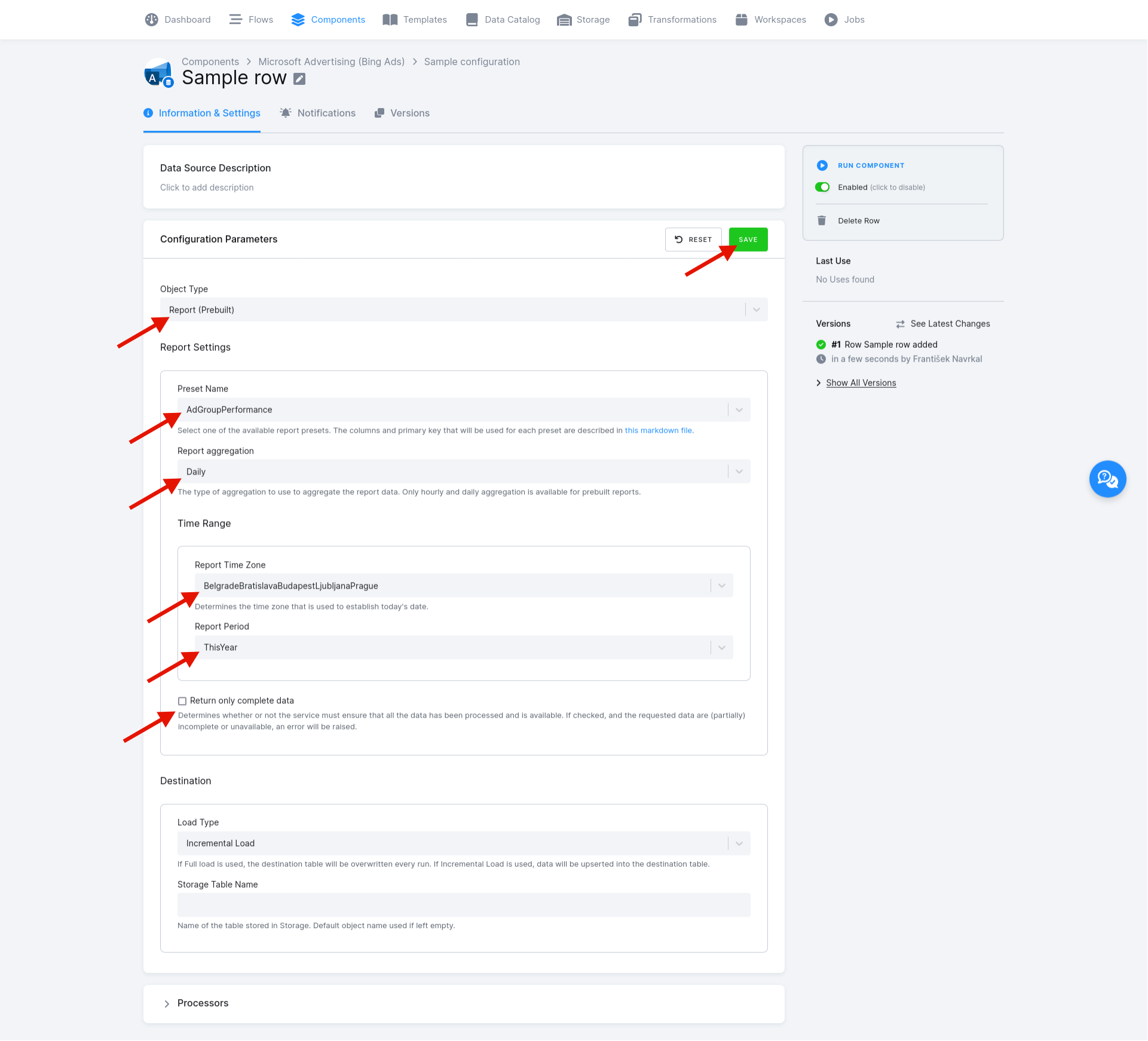Prebuilt reports configuration entry