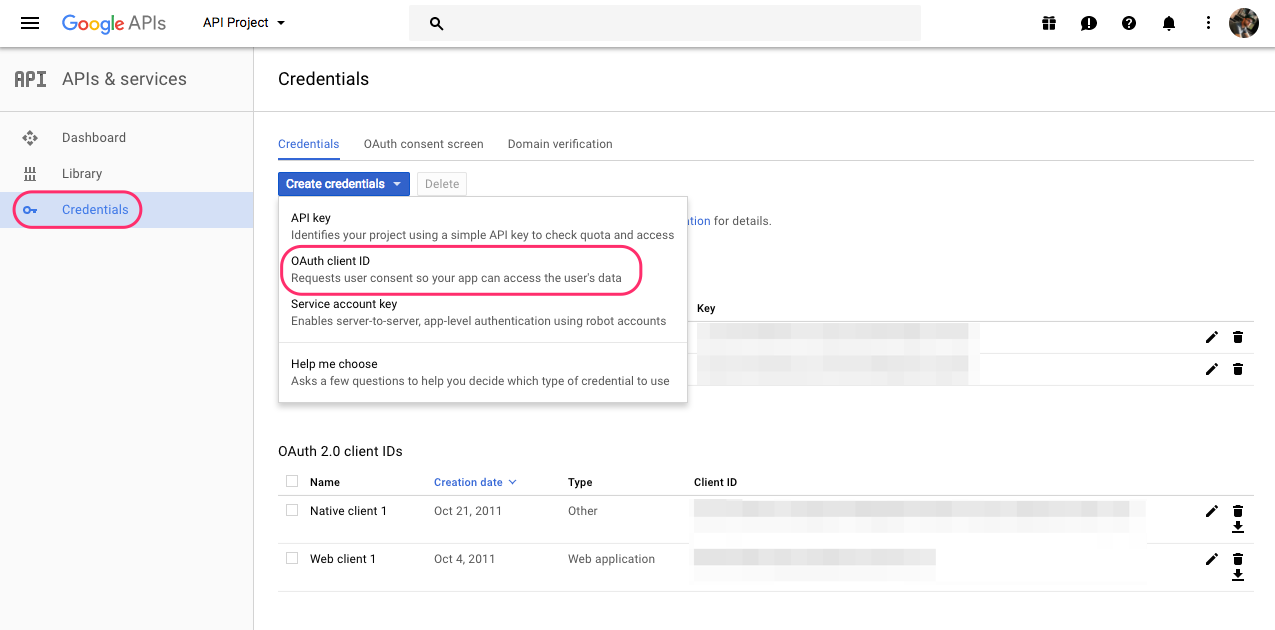 Screenshot - Google API Console - Create Credentials