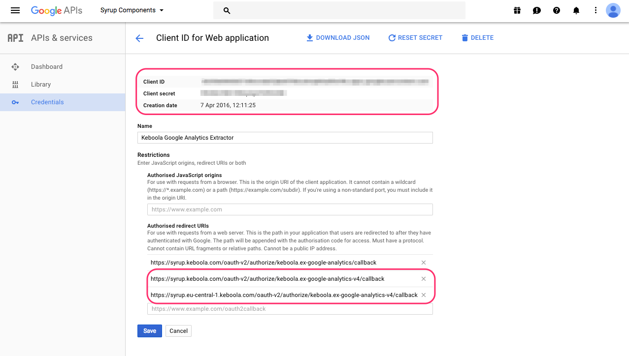 Screenshot - Google API Console - Credentials Detail