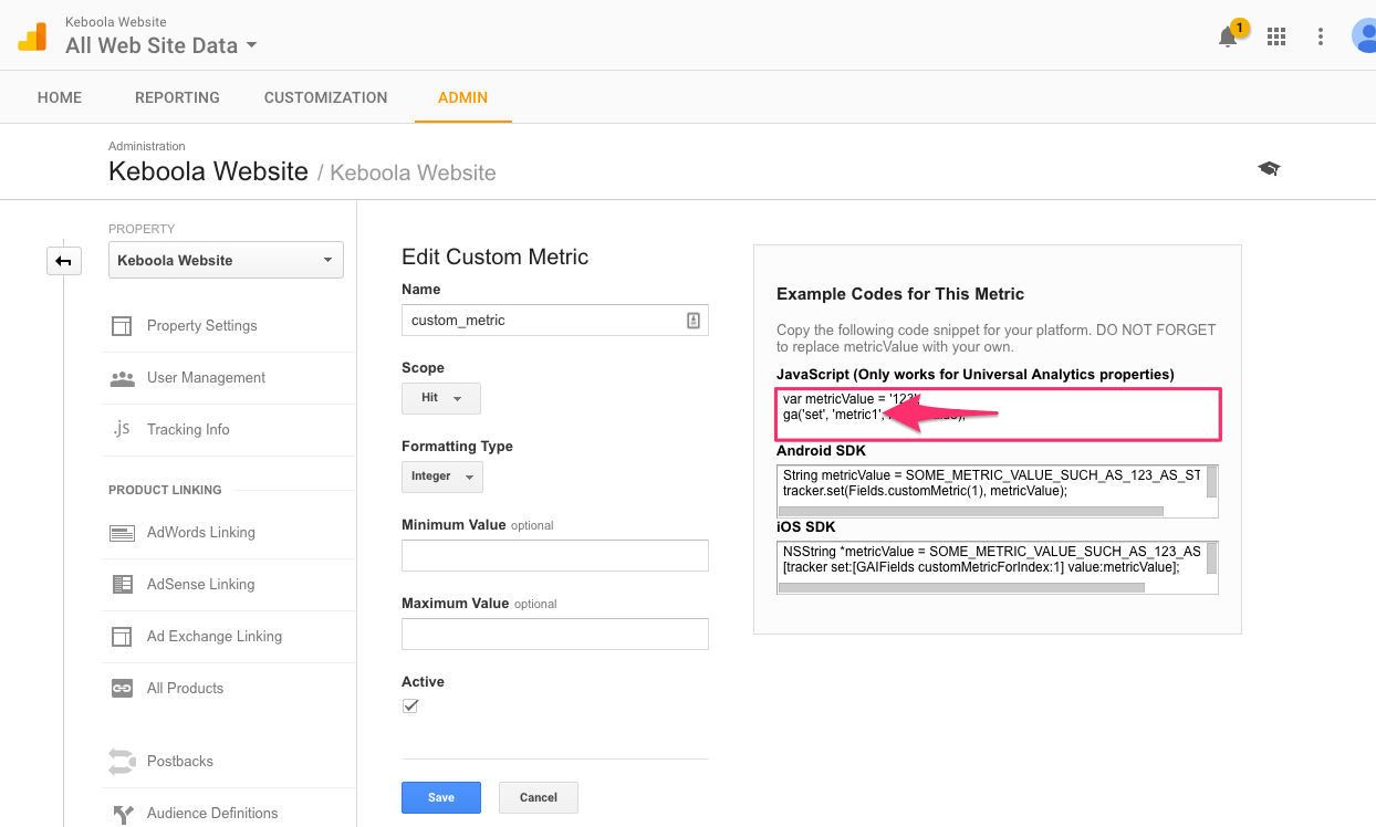 Screenshot - Custom metric ID