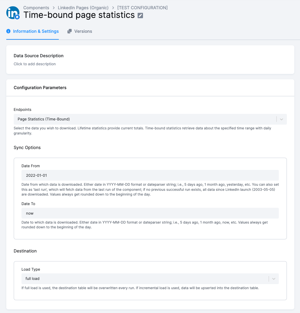 LinkedIn Pages - Row Configuration