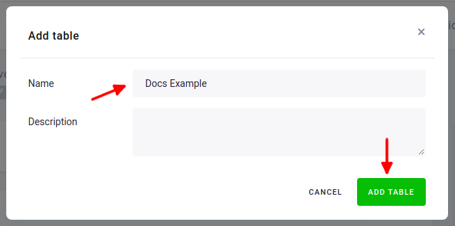 Screenshot - Add table popup