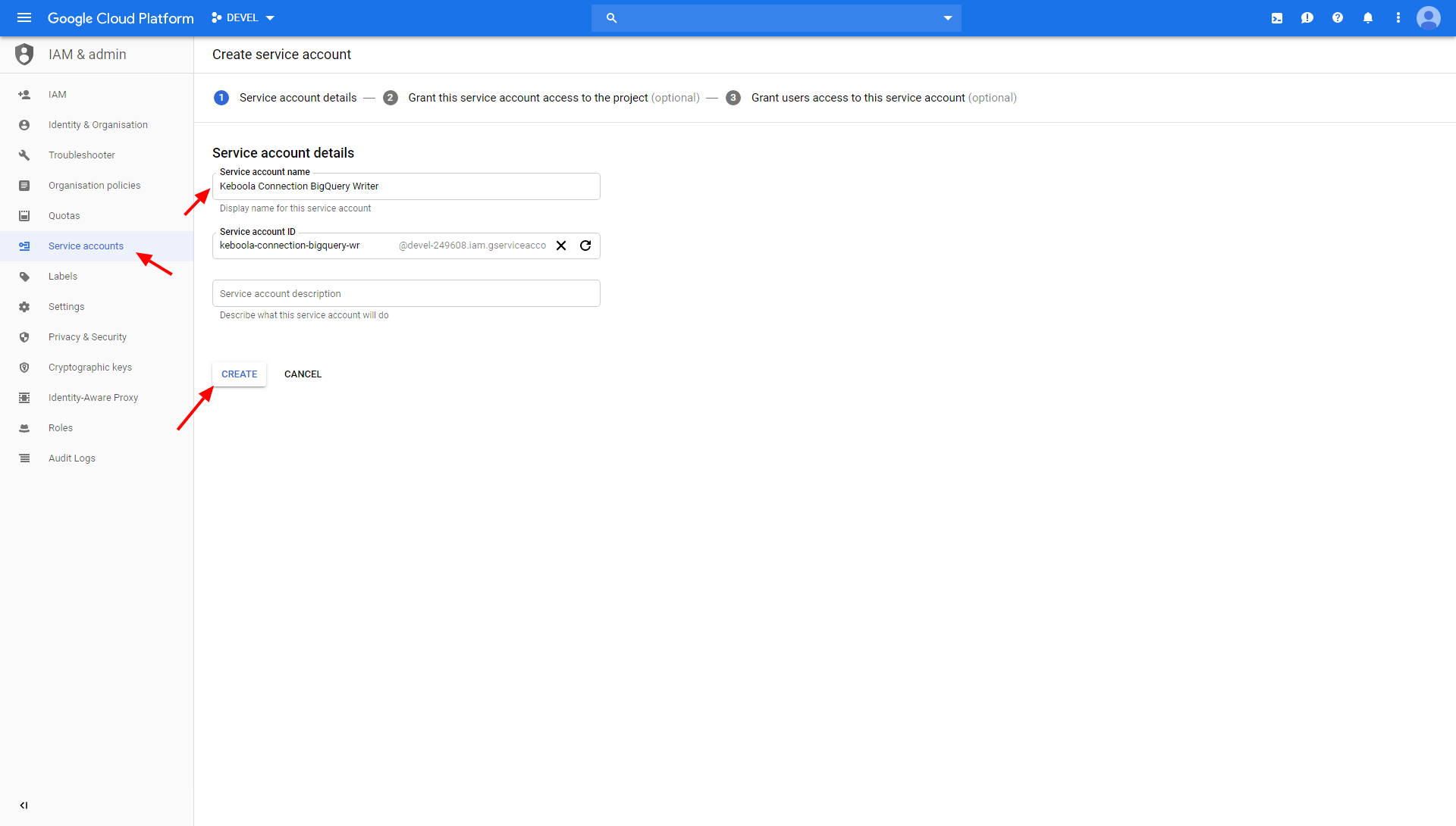 Screenshot - Create service account