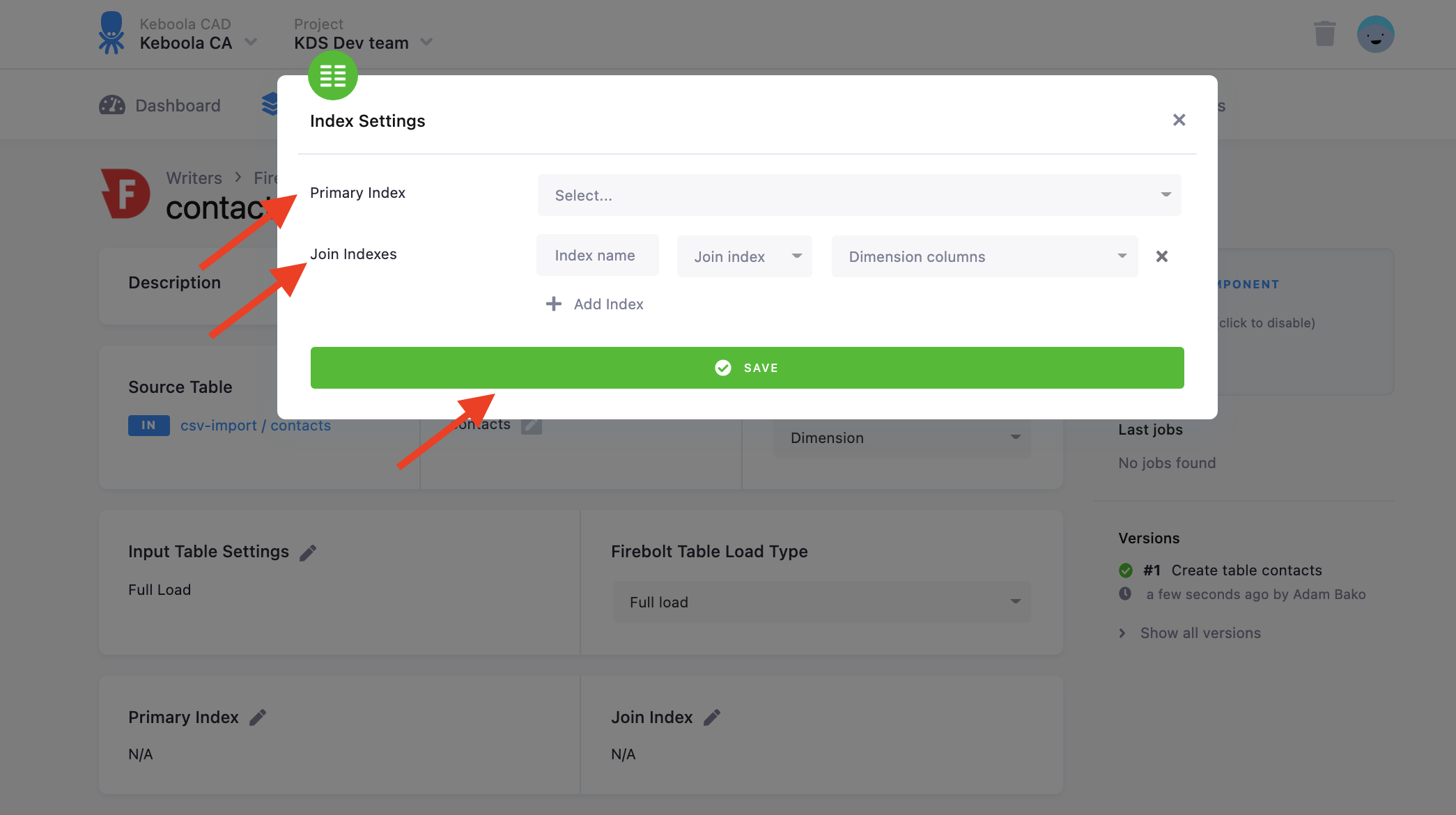 Screenshot - Index settings