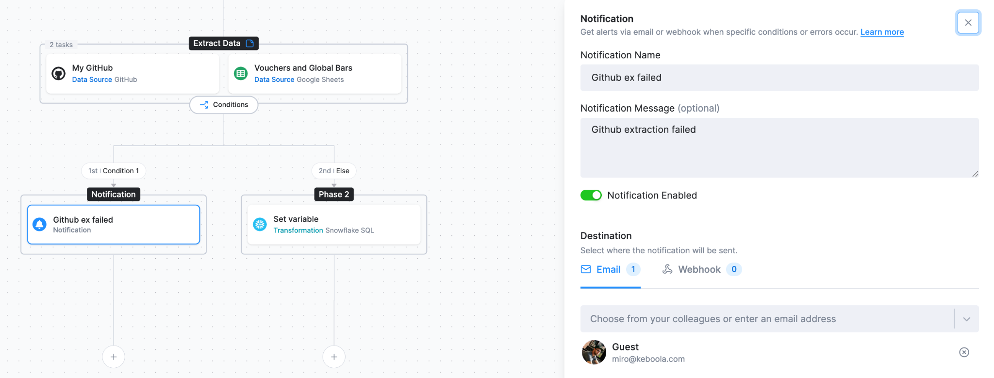 Notification task configured with a name, message, and email destination