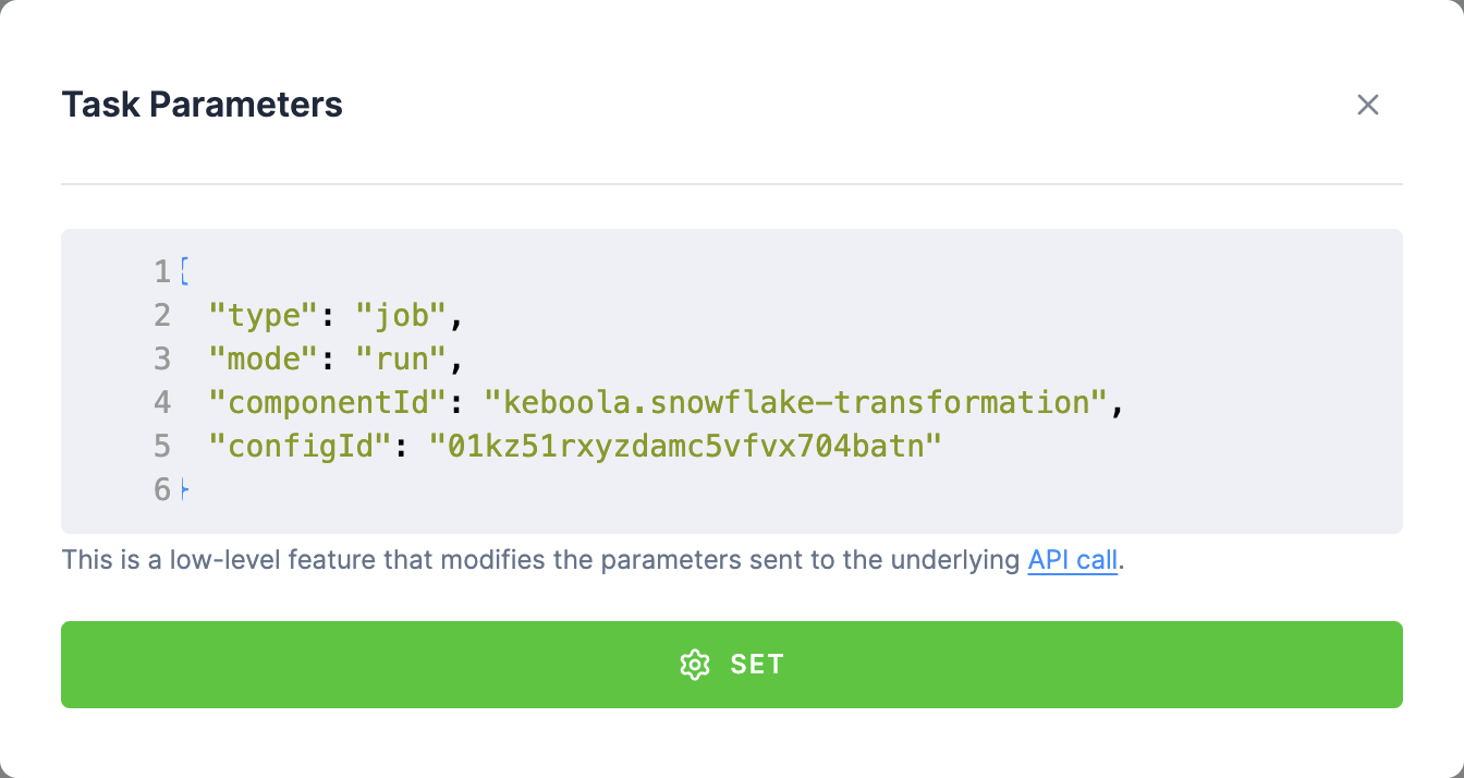The Task Parameters editor, pre-filled with the task's type, mode, componentId, and configId