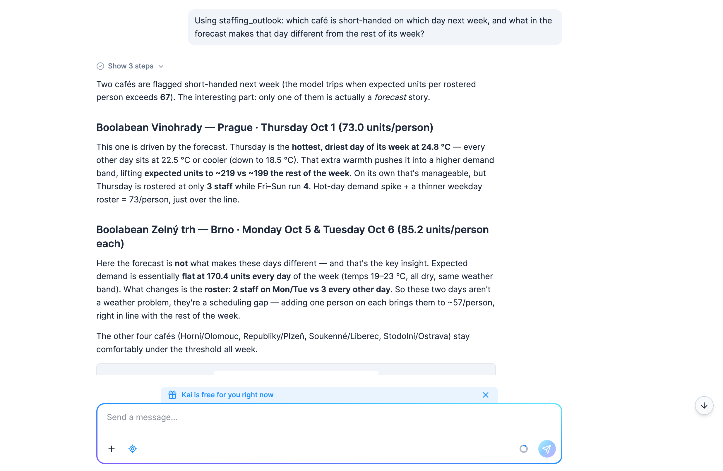 Screenshot - The Kai chat with the question about staffing_outlook and the start of Kai's answer: Vinohrady in Prague is short-handed on Thursday, its warmest day, and Zelný trh in Brno on Monday and Tuesday, where the forecast is much like the rest of its week and the roster is two people instead of three