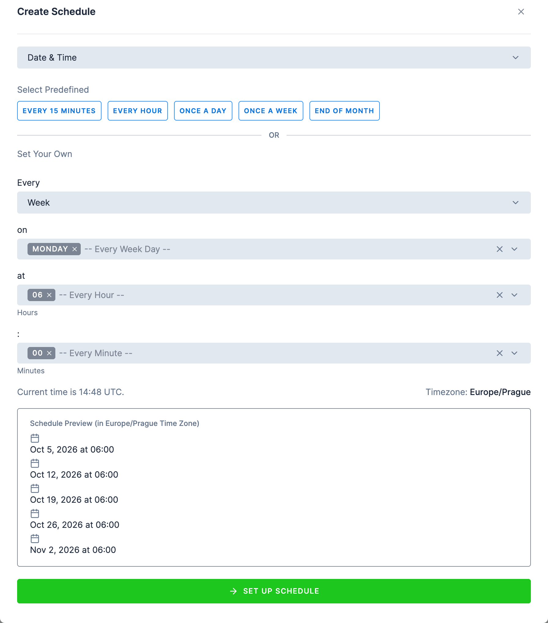 Screenshot - The Create Schedule dialog set to every week on Monday at 06 with the time zone Europe/Prague, and a preview listing the next five Mondays at 06