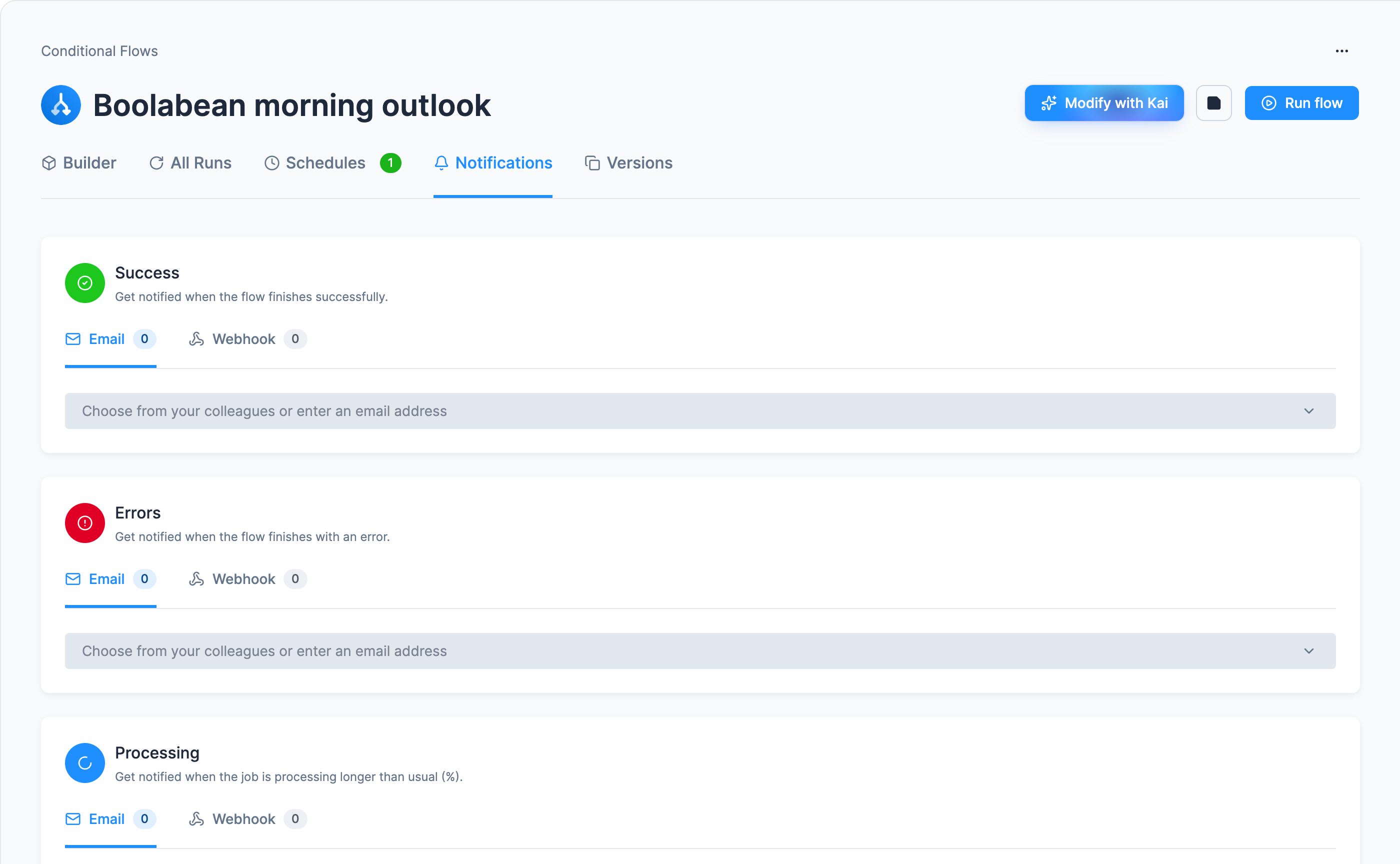 Screenshot - The flow's Notifications tab with its three cards, Success, Errors and Processing, each with Email and Webhook tabs and no recipients yet