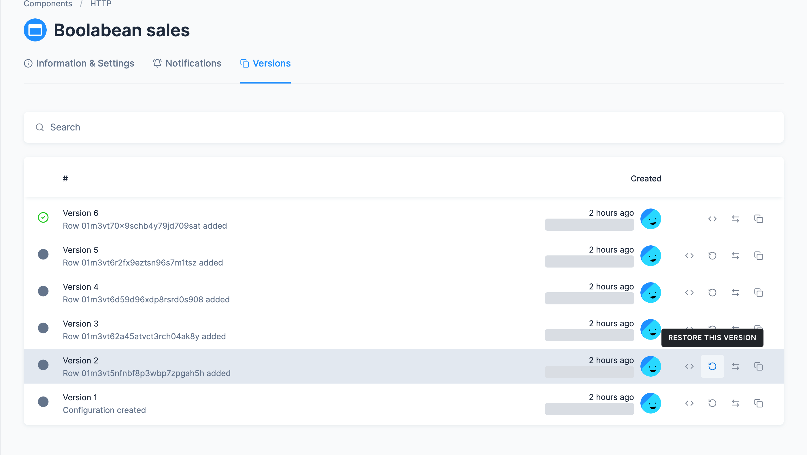 Screenshot - The Versions tab of the Boolabean sales configuration: one version per change Kai made, from Configuration created to the fifth row added, with the Restore this version tooltip on an earlier row