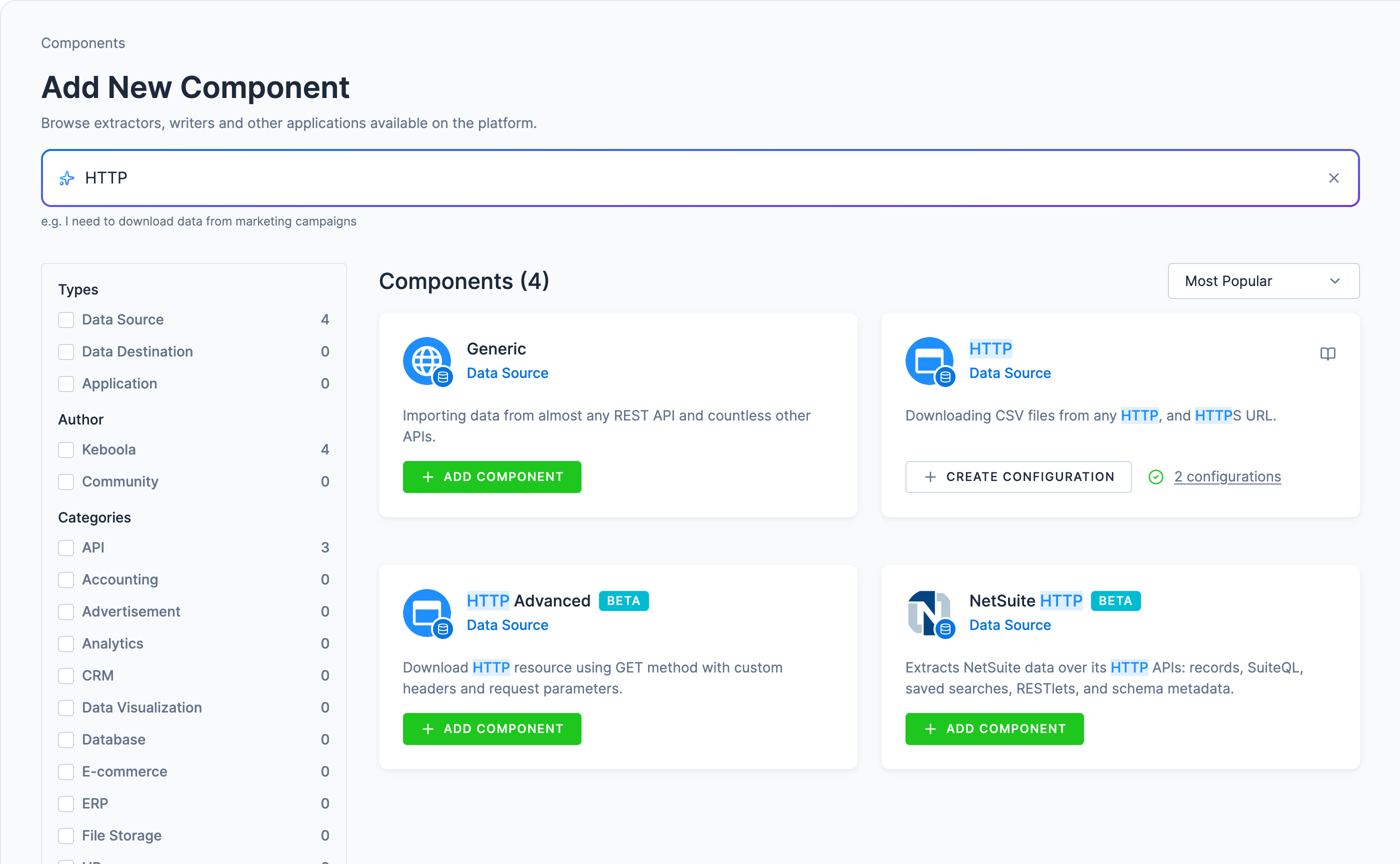 Screenshot - The Add New Component page searched for HTTP, where the plain HTTP data source card, "Downloading CSV files from any HTTP, and HTTPS URL", offers Create Configuration and HTTP Advanced is marked Beta