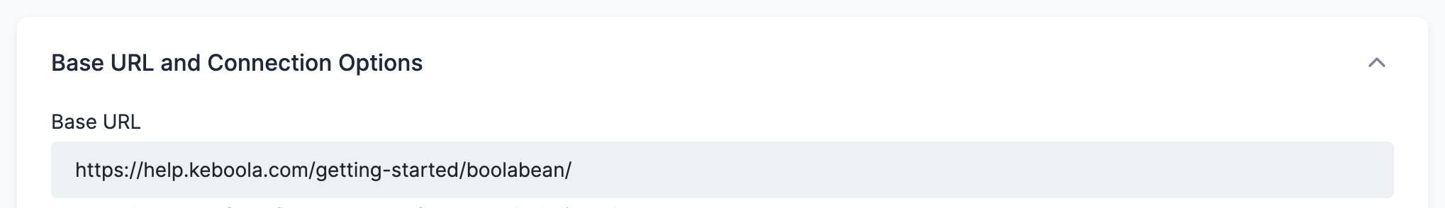 Screenshot - The Base URL and Connection Options section with the Base URL field set to https://help.keboola.com/getting-started/boolabean/