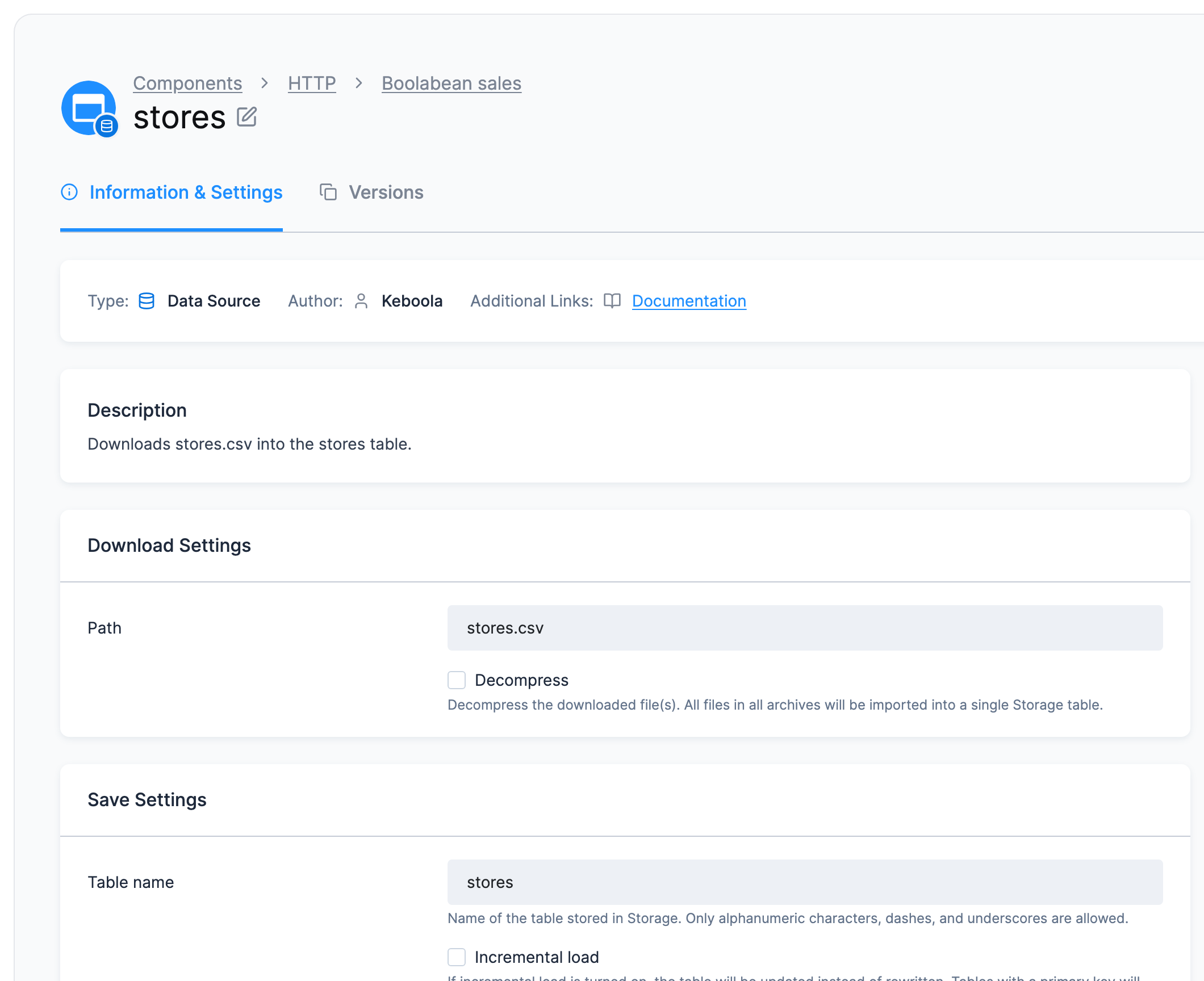 Screenshot - The stores row of Boolabean sales, with Path stores.csv under Download Settings and, under Save Settings, Table name stores with Incremental load unchecked