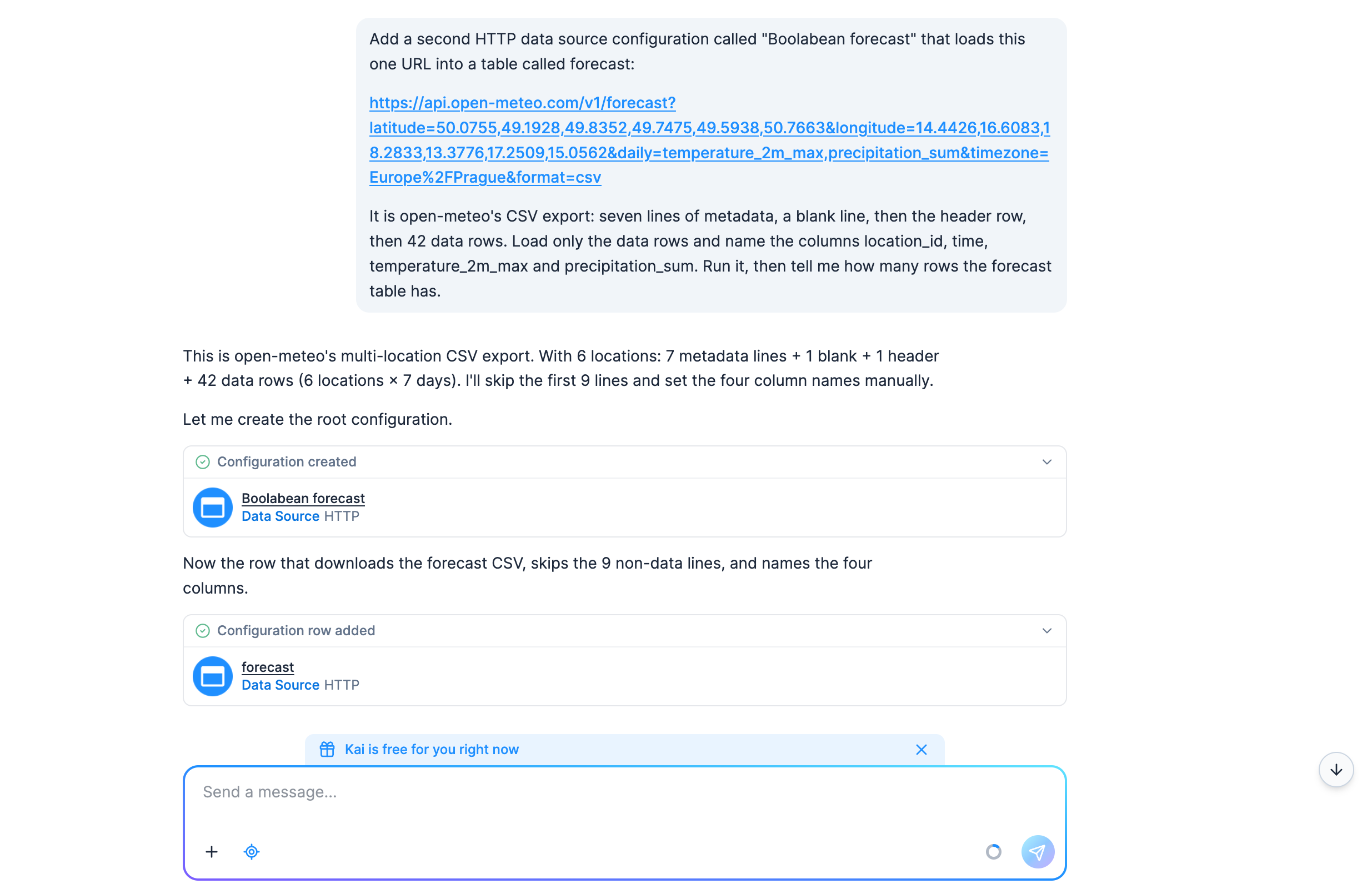 Screenshot - The forecast prompt in the Kai chat, then Kai's plan to skip the nine non-data lines and name the four columns, then Configuration created: Boolabean forecast, and Configuration row added: forecast, each one a link to what Kai made