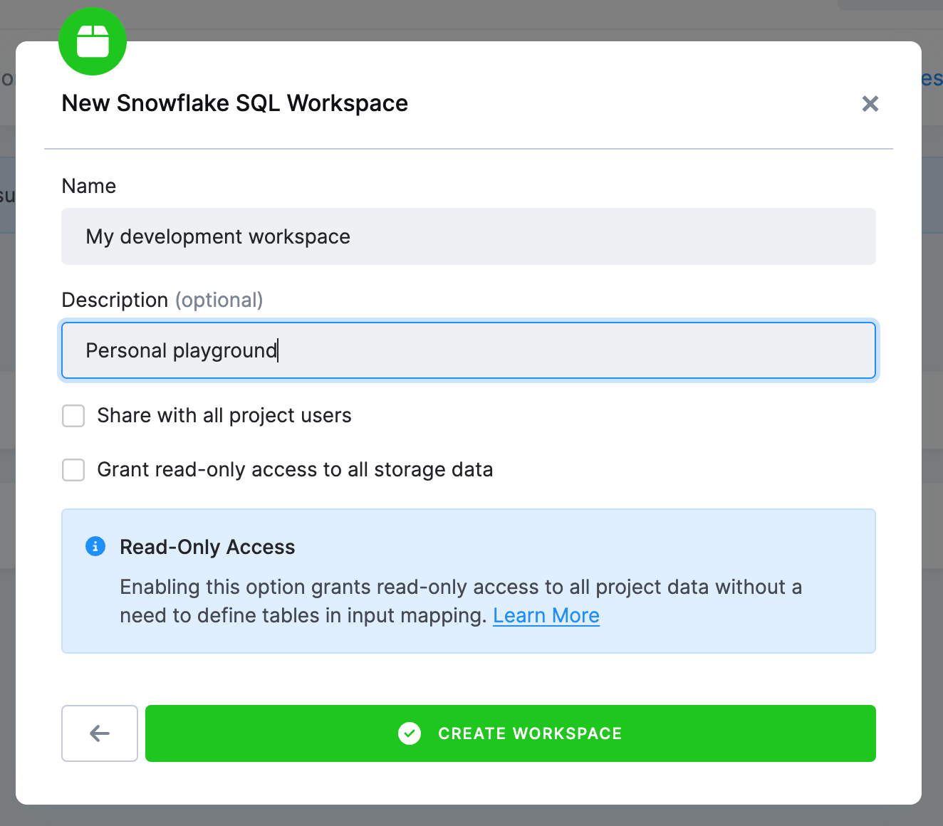 Screenshot - The New Snowflake SQL Workspace dialog with Name and Description filled in, Share with all project users and Grant read-only access to all storage data unticked, and the Create Workspace button