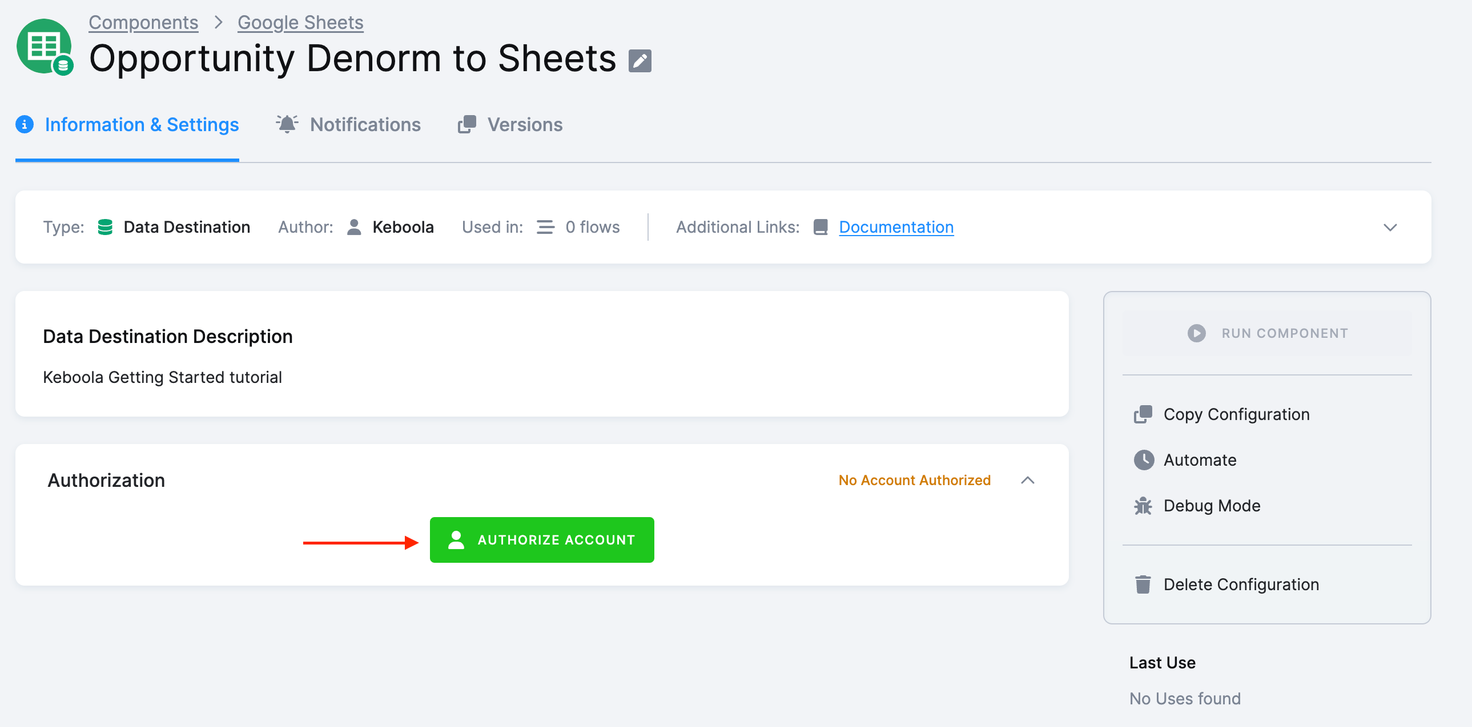 Screenshot - A Google Sheets destination configuration page whose Authorization section reads No Account Authorized, with a red arrow pointing to the green Authorize Account button