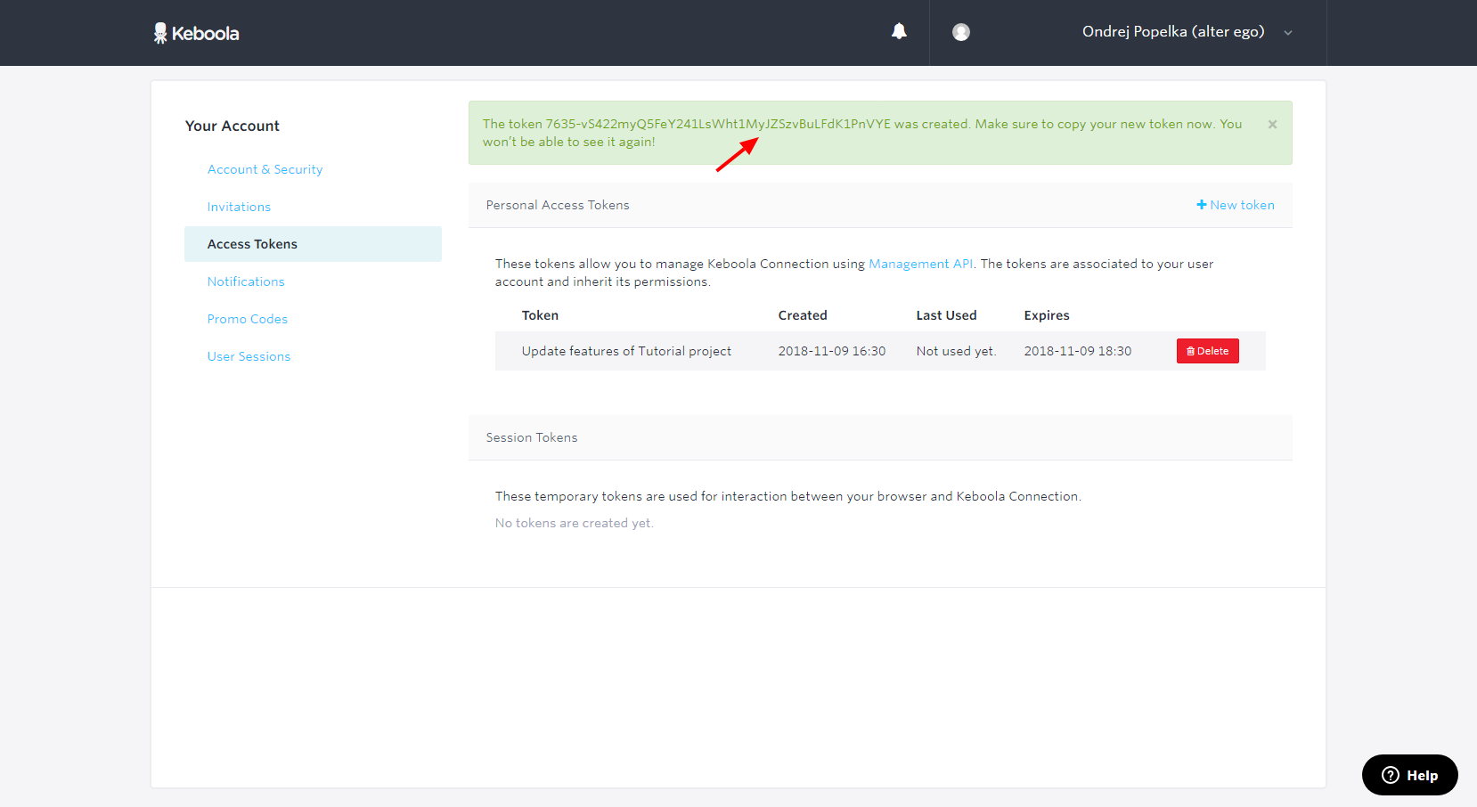 Screenshot -- Manage Token Created