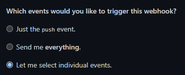 Github webhook let me select individual events selected