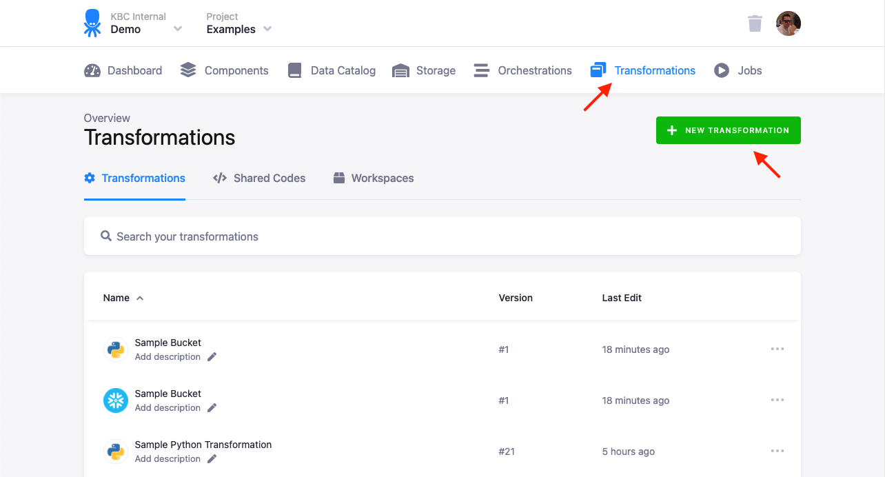 Screenshot -- Transformations page