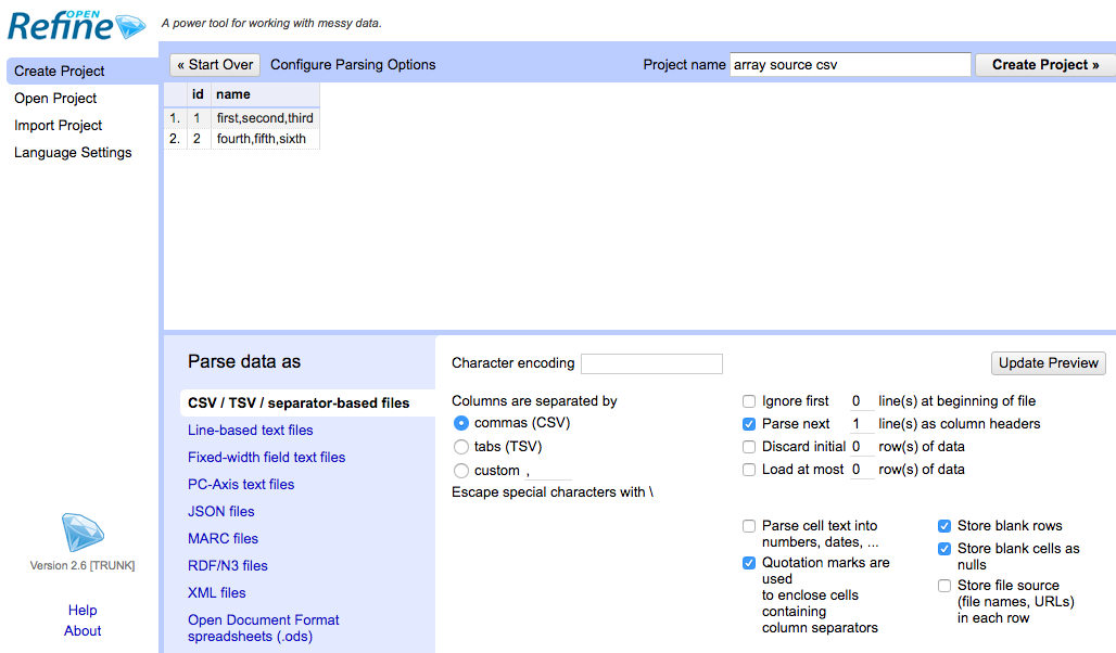 Screenshot - OpenRefine CSV Load
