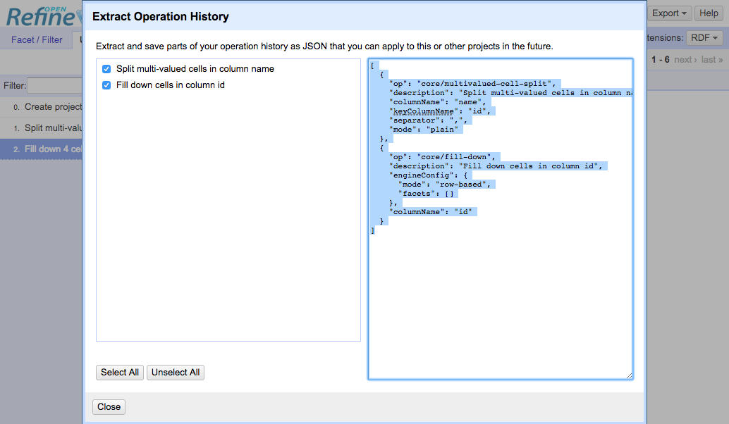 Screenshot - OpenRefine Extract Operation History