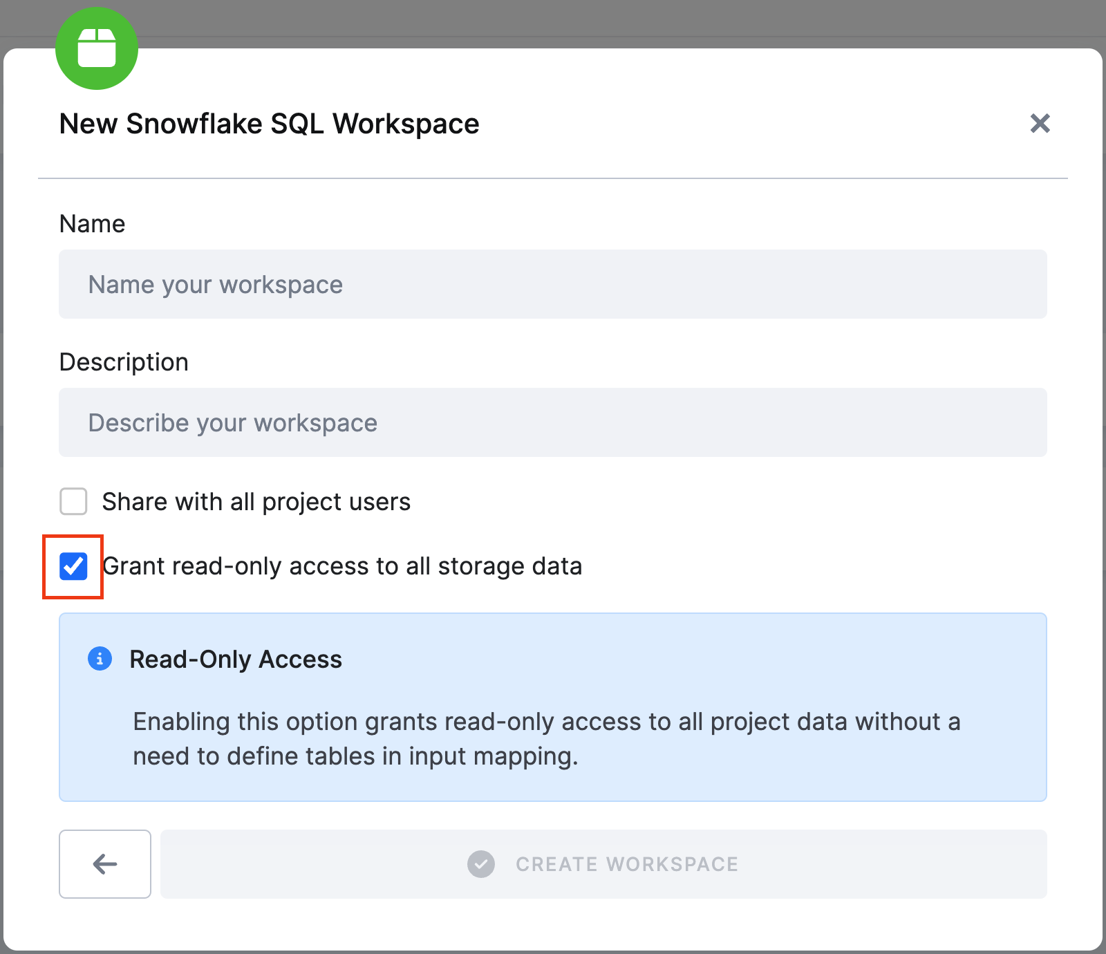Workspace - Create new workspace with Read Only