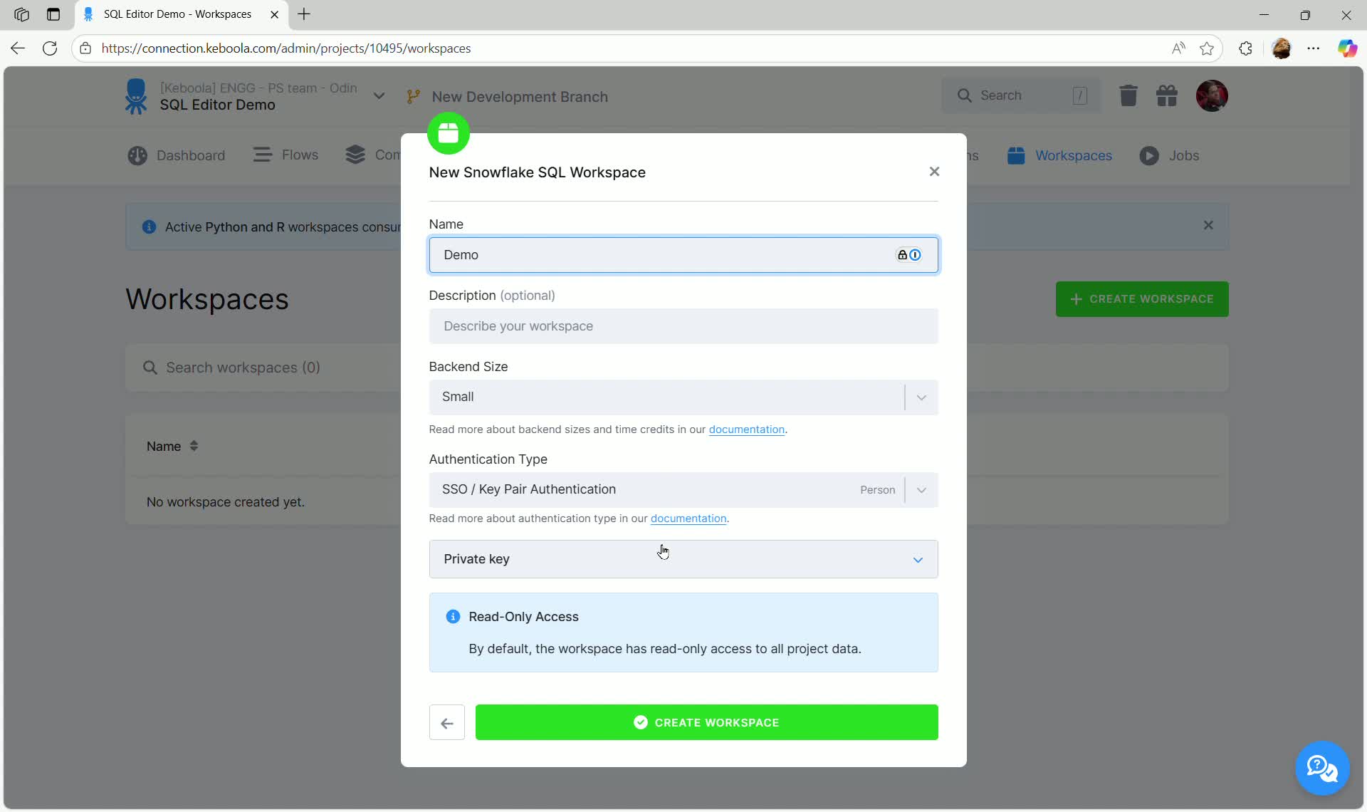 SQL Editor - Create workspace action