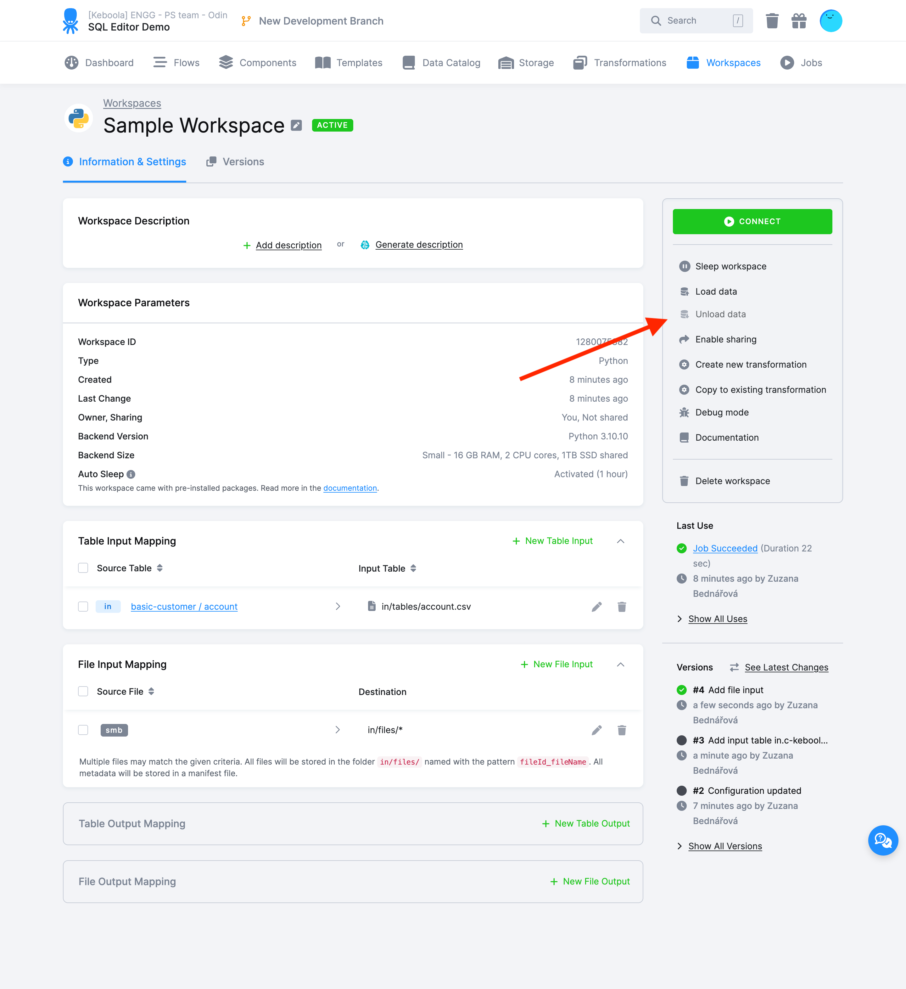 Workspace - Unload Data